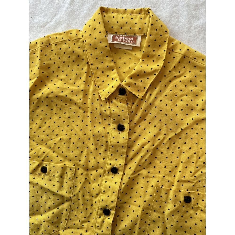 Barbara Colvin Vintage Women's Blouse Yellow/Black Dot Button Down Collar Bright